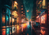 Fototapeta  - City street at night with people walking on it. Generative AI.