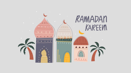 Wall Mural - Ramadan kareem islamic vector illustration background with arabian mosque architecture hand drawn