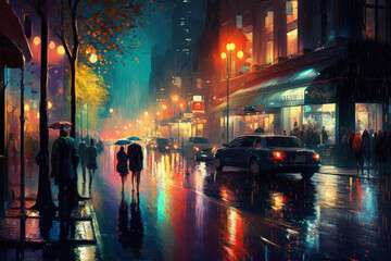 Canvas Print - People walking on the street at night with umbrellas. Generative AI.