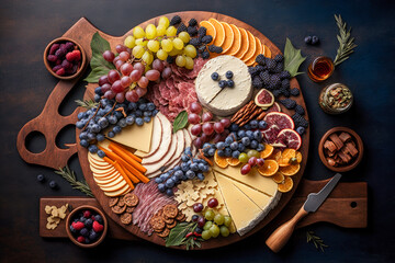 Sticker - Platter with cheese, fruit, nuts and grapes. Generative AI.