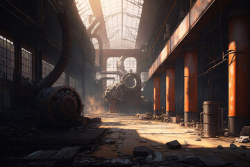  The inside of an abandoned industrial building. Generative AI.