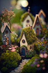 Poster - Miniature houses with moss and flowers on the ground. Generative AI.