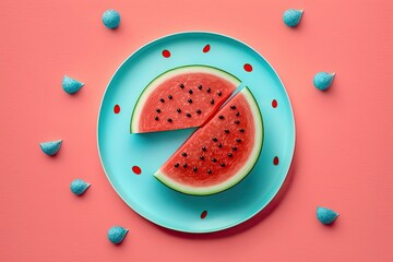 Canvas Print - Watermelon design Blue backdrop with a red watermelon. summertime idea. top perspective, copy space, and a flat lay. Generative AI