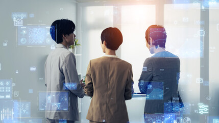 Aufkleber - Group of businesspeople meeting in office and data technology concept. Digital transformation.