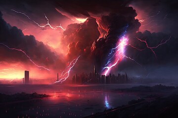 Canvas Print - Judgment Day, the end of the world, massive lightning strikes the city from the crimson, luminous heavens. Generative AI