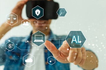 Poster - Artificial Intelligence Industry. Integration Computing Concept. Man presses brain AI gears button on virtual screen. Smart industrial technology.