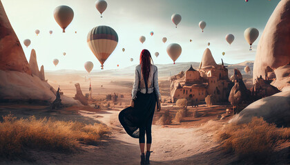 young woman and hot air ballons, generative ai.