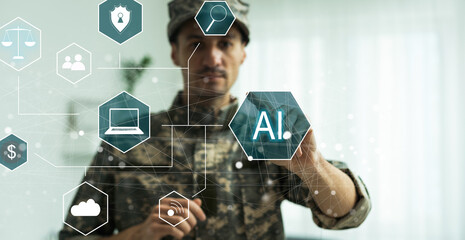 Poster - Artificial Intelligence Industry. Integration Computing Concept. Man presses brain AI gears button on virtual screen. Smart industrial technology.