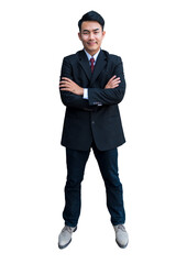 Wall Mural - Portrait asian businessman confidence smile arm crossed standing. Happy salesman in Trendy suit formal fashion studio shot. One man standing successful executive. Relax professional manager men