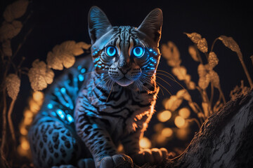 Wall Mural - Mystical glowing Diviya, Leopard, or big cat in Srilanken magical rainforest. Isolated on blurred background. Stunning animals in nature travel or wildlife photography made with Generative AI