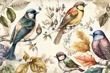 Bird On Branch Vintage Watercolor Background (Ai Generated)
