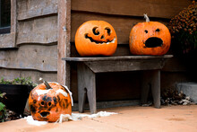 Jack O' Lanterns On Porch During Halloween