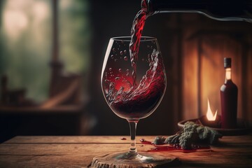 Poster - Red wine being poured into a glass, blurred wood in the background. Generative AI