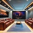 17 A home cinema with reclining leather chairs, a large projection screen, and surround sound 2_SwinIRGenerative AI