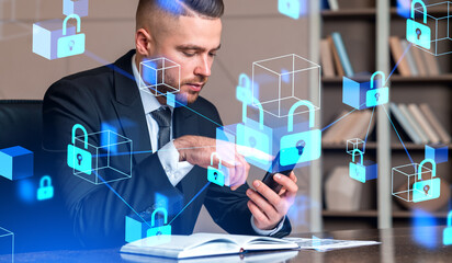 Poster - Businessman using smartphone, data protection and confidential i