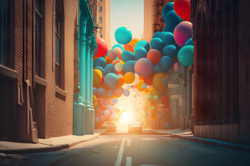 Lot many colored balloons scattered scattered on the city street cars. Holiday vacation celebration city day, birthday, anniversary. Generative AI