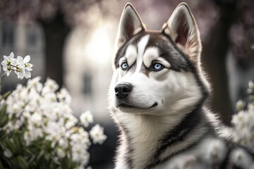 Sticker - stunning Siberian husky at the park. Generative AI