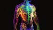 Translucent human body muscles colorful neon glowing on dark background, man bodybuilding muscle building concept, anaerobic exercise. Multicolored male body fascia muscles, generative AI