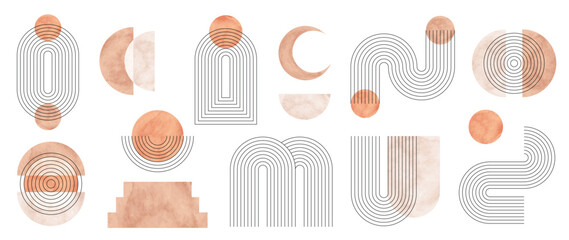 Hand drawn abstract minimal element mid century vector set. Aesthetic contemporary stripe line art, watercolor geometric shapes in nude colors. Art form design for wall art, decoration, wallpaper.