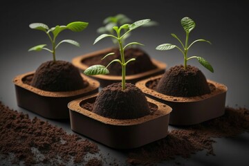 Poster - Plants germinating in peat moss pots are biodegradable and will not harm the environment. Concept for a plastic free landscape that minimizes waste and promotes recycling. Simulation of seedling trans