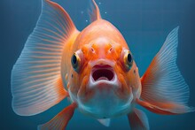 Portrait Of A Red Fish With Its Mouth Open On A Blue Background, Front View Of Goldfish In An Aquarium, Close Up Macro, Closeup Of A Shocked Or Shocked Face. Generative AI