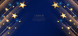 Abstract luxury golden stars on dark blue background with lighting effect and spakle. Template premium award design.
