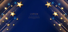 Abstract Luxury Golden Stars On Dark Blue Background With Lighting Effect And Spakle. Template Premium Award Design.