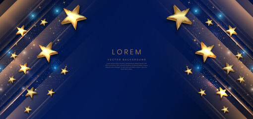abstract luxury golden stars on dark blue background with lighting effect and spakle. template premi