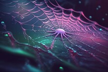  A Close Up Of A Spider Web On A Dark Background With Water Droplets On It And A Pink And Blue Center Of The Web On The Center Of The Web.  Generative Ai