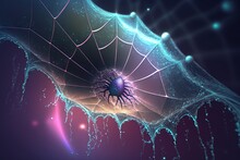  A Computer Generated Image Of A Spider Web With Water Droplets On It's Web - Like Webs And A Spider Web In The Center Of The Web.  Generative Ai