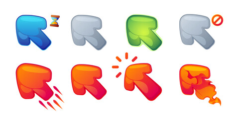 Poster - Game cursor click. Cartoon arrow and pointer animation for user interface gaming asset, direction pointing sign computer mouse touch. Vector illustration. Colorful indicators, no access