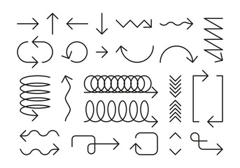 Poster - Line arrows. Minimalist doodle geometric pointers different forms, simple thin linear spiral zigzag wave loop marker symbols. Vector isolated set. Right, left, up and down direction, curves