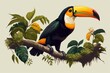 Toucan, a tropical, exotic bird from the rainforest, is sitting on a branch of a tree surrounded by greenery. It has a yellow orange beak that makes it easy to recognize. Generative AI