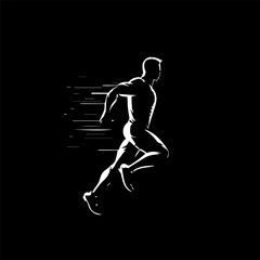 Aufkleber - White icon of runner silhouette on black background, sport logo template, jogging modern logotype concept, t-shirts print, tattoo. Vector illustration