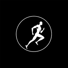 Poster - White icon of runner silhouette on black background, sport logo template, jogging modern logotype concept, t-shirts print, tattoo. Vector illustration