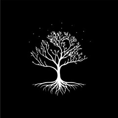 Poster - White icon of tree roots silhouette on black background, wise symbol, education sign, boho logo concept, t-shirts print, tattoo template. Vector illustration
