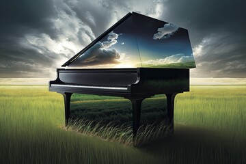 Sticker - A glossy black piano on a grassy field beneath a dramatic, sunlit sky. Picture collage with accompanying artwork. Generative AI