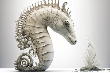 Wall Mural - Separated from its background, a statue of a seahorse stands out against the white. Generative AI