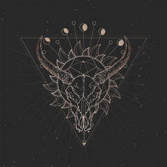 Wall Mural - Vector illustration with hand drawn Wild buffalo skull and Sacred geometric symbol on black vintage background. Abstract mystic sign.