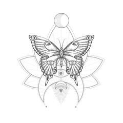 Wall Mural - Vector illustration with hand drawn butterfly and Sacred geometric symbol on white background. Abstract mystic sign. 