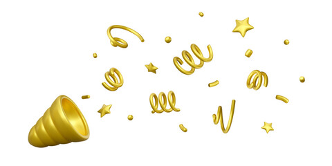 Wall Mural - firecracker explosion with golden confetti. 3d party popper decorated different confetti elements st