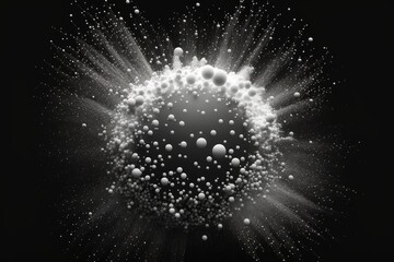 Poster - The particles are white spheres against a black background. Abstract White Particle Scenery. Particles of dust in the air, against a pitch black backdrop. Generative AI