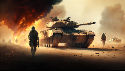 Wall Mural - Special forces military units near war tank and burning fire, battlefield Generative AI image