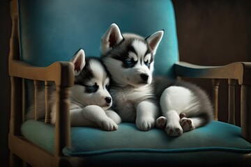 Poster - very little husky pups. a black nose and bright blue eyes. they're lounging on a soft, green blanket