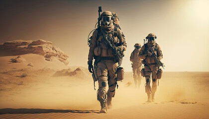 Wall Mural - Special forces military units in full tactical gear walking in desert, Battlefield concept, Generative AI image