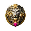 A Silver and gold metal Lion head metal emblem. 3D style Lion metal badge. Coat of arms Lion head. Lion head metal insignia. Animal badge. Lion head metal symbol. Medallion.	
