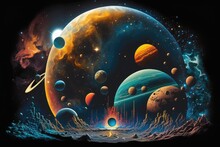 Two Dimensional Image. Style Of Art Typical Of Cartoons. Distances Between Stars That Are Extremely Large. A Galaxy Full Of Stars, Planets, And Moons. Backgrounds For A Variety Of Science Fiction Scen