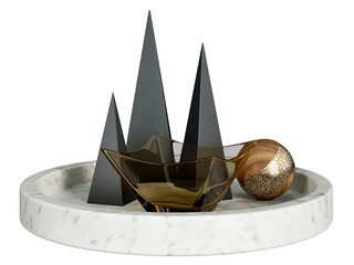 Wall Mural - Set of decorative marble tray with black metal pyramids, glass bowl and wooden ball. Home decor and accents. Home decorative accessories. Isolated interior object. 3d rendering