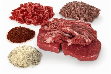 Sticker - Separated ground beef. Meats, including ground fresh buffalo fillet, uncooked crimson mincemeat, raw veal forcemeat, and farce mincemeat, on a white background. Generative AI