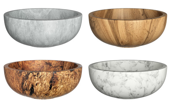 Decorative bowl set. Stone home decor and accents. Home decorative wood accessories. Isolated interior object. 3d rendering